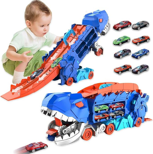 LTLCLZ Toddler Truck Toys for 3 4 5 6 Years Old Boys, Toys Cars Track Set Dinosaur Transporter Truck with 8 Die-Cast Car Toys, Transforms into Dino, Toddler Car Toys Set for Kids Boys Girls (Blue)