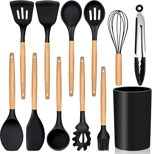 E-far Kitchen Utensils Set of 12, Silicone Cooking Utensils with Holder, Non-stick Cookware Friendly & Heat Resistant, Includes Spatula Tong Whisk Ladle Brush Slotted Turner Spoon(Black)