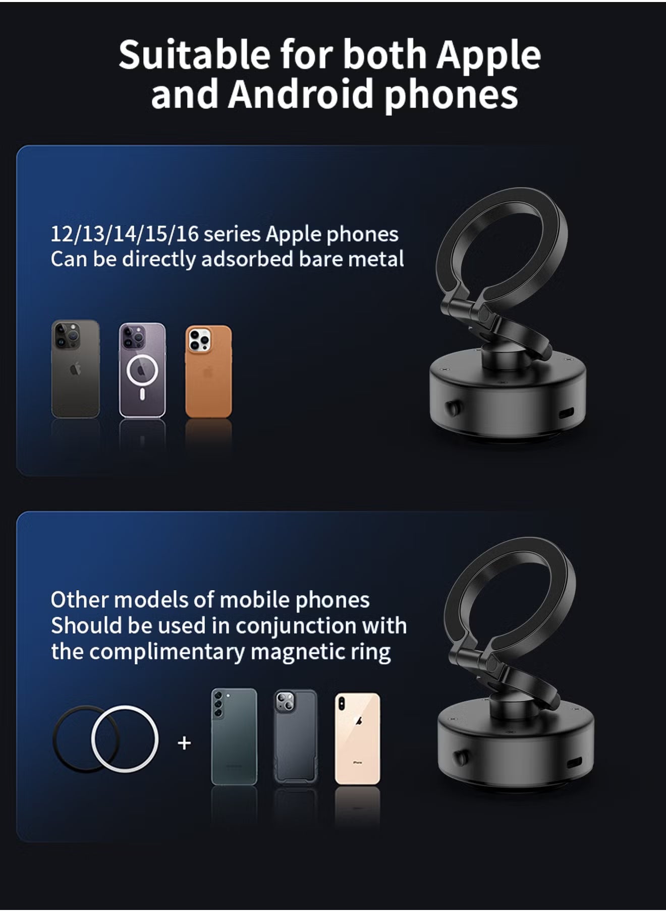 Magnetic Car Phone Mount – Vacuum Suction Foldable Dashboard Holder, Universal 4.7-7 Inch Smartphones, 360 Adjustable, Strong Magnetic Grip, Durable Aluminum Alloy