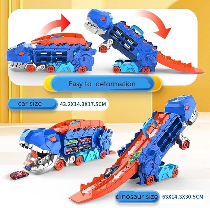 LTLCLZ Toddler Truck Toys for 3 4 5 6 Years Old Boys, Toys Cars Track Set Dinosaur Transporter Truck with 8 Die-Cast Car Toys, Transforms into Dino, Toddler Car Toys Set for Kids Boys Girls (Blue)