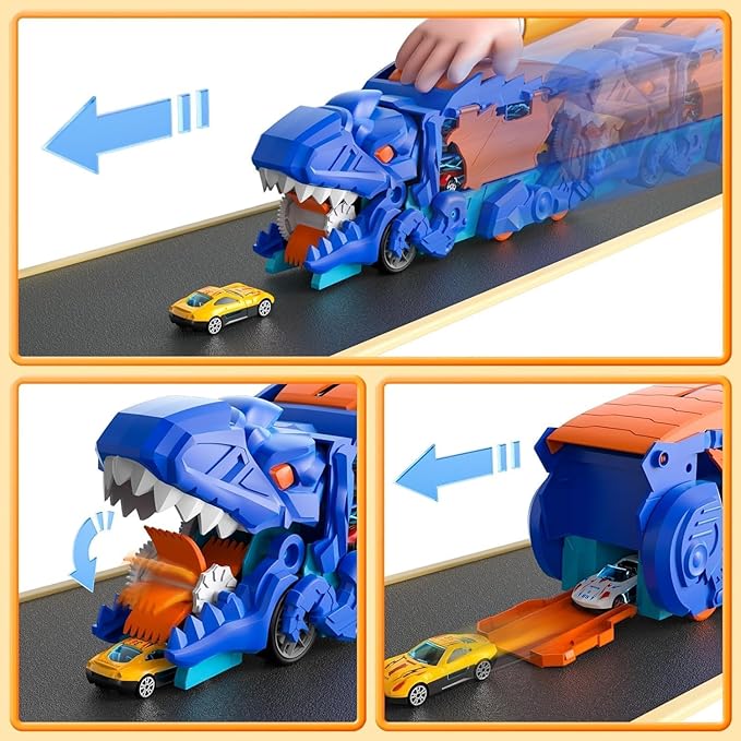 LTLCLZ Toddler Truck Toys for 3 4 5 6 Years Old Boys, Toys Cars Track Set Dinosaur Transporter Truck with 8 Die-Cast Car Toys, Transforms into Dino, Toddler Car Toys Set for Kids Boys Girls (Blue)