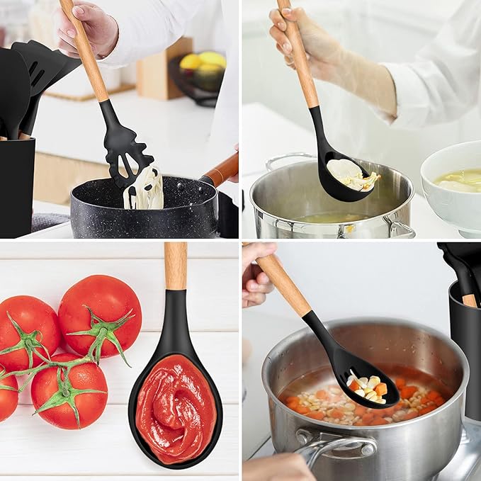 E-far Kitchen Utensils Set of 12, Silicone Cooking Utensils with Holder, Non-stick Cookware Friendly & Heat Resistant, Includes Spatula Tong Whisk Ladle Brush Slotted Turner Spoon(Black)