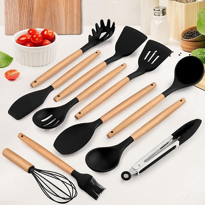 E-far Kitchen Utensils Set of 12, Silicone Cooking Utensils with Holder, Non-stick Cookware Friendly & Heat Resistant, Includes Spatula Tong Whisk Ladle Brush Slotted Turner Spoon(Black)
