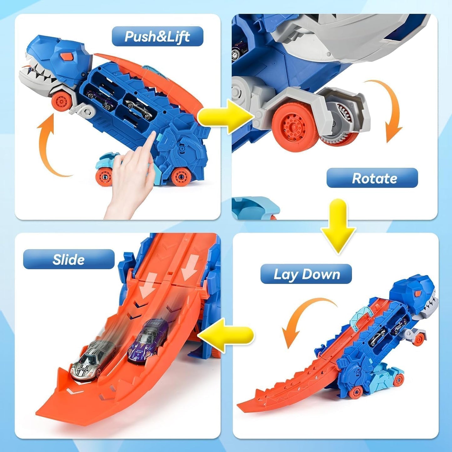 LTLCLZ Toddler Truck Toys for 3 4 5 6 Years Old Boys, Toys Cars Track Set Dinosaur Transporter Truck with 8 Die-Cast Car Toys, Transforms into Dino, Toddler Car Toys Set for Kids Boys Girls (Blue)