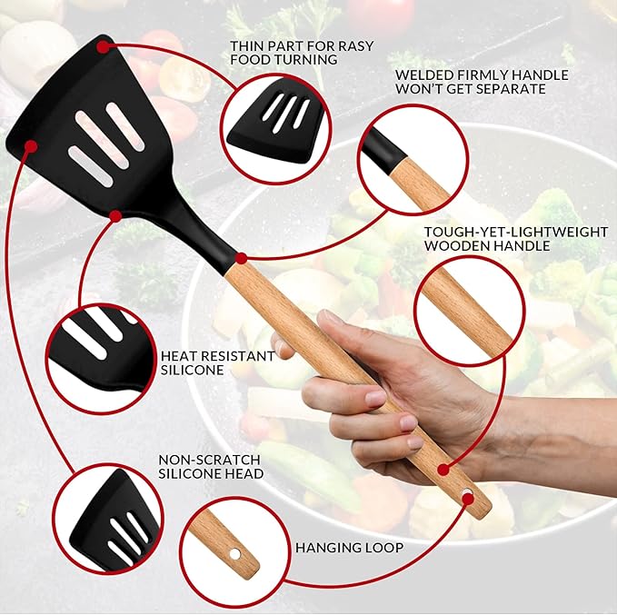 E-far Kitchen Utensils Set of 12, Silicone Cooking Utensils with Holder, Non-stick Cookware Friendly & Heat Resistant, Includes Spatula Tong Whisk Ladle Brush Slotted Turner Spoon(Black)
