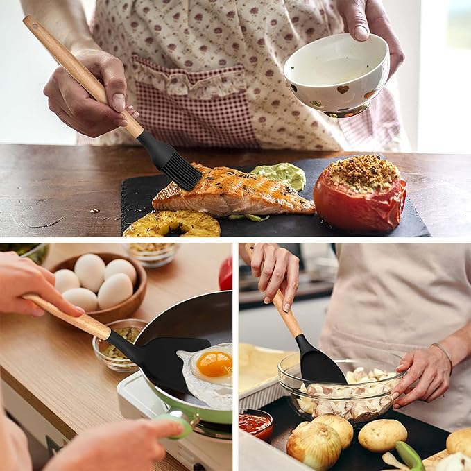 E-far Kitchen Utensils Set of 12, Silicone Cooking Utensils with Holder, Non-stick Cookware Friendly & Heat Resistant, Includes Spatula Tong Whisk Ladle Brush Slotted Turner Spoon(Black)