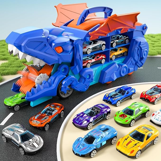 LTLCLZ Toddler Truck Toys for 3 4 5 6 Years Old Boys, Toys Cars Track Set Dinosaur Transporter Truck with 8 Die-Cast Car Toys, Transforms into Dino, Toddler Car Toys Set for Kids Boys Girls (Blue)