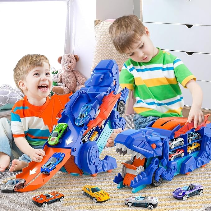 LTLCLZ Toddler Truck Toys for 3 4 5 6 Years Old Boys, Toys Cars Track Set Dinosaur Transporter Truck with 8 Die-Cast Car Toys, Transforms into Dino, Toddler Car Toys Set for Kids Boys Girls (Blue)