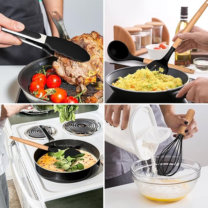 E-far Kitchen Utensils Set of 12, Silicone Cooking Utensils with Holder, Non-stick Cookware Friendly & Heat Resistant, Includes Spatula Tong Whisk Ladle Brush Slotted Turner Spoon(Black)