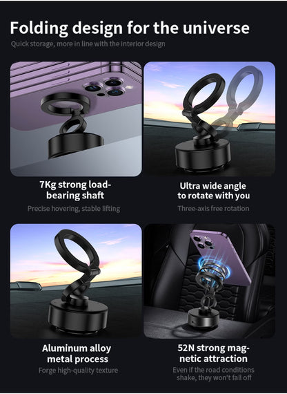 Magnetic Car Phone Mount – Vacuum Suction Foldable Dashboard Holder, Universal 4.7-7 Inch Smartphones, 360 Adjustable, Strong Magnetic Grip, Durable Aluminum Alloy