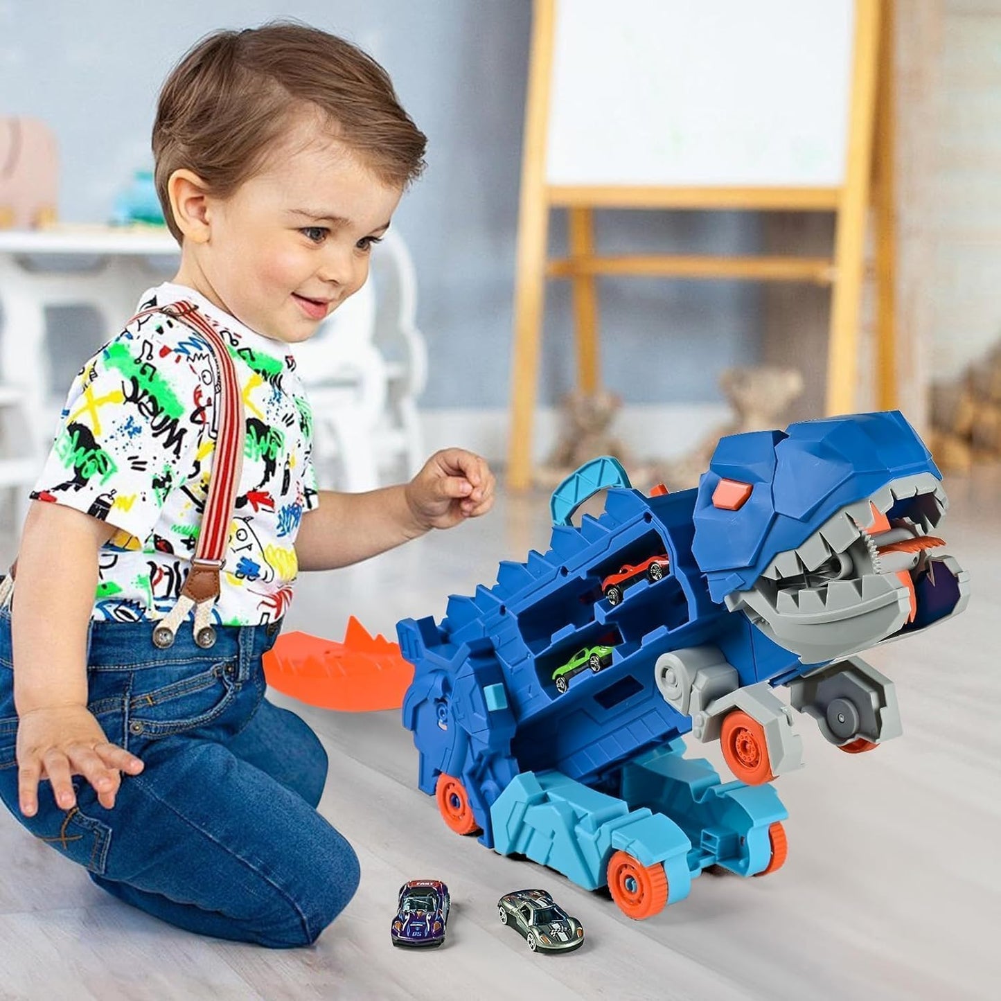 LTLCLZ Toddler Truck Toys for 3 4 5 6 Years Old Boys, Toys Cars Track Set Dinosaur Transporter Truck with 8 Die-Cast Car Toys, Transforms into Dino, Toddler Car Toys Set for Kids Boys Girls (Blue)