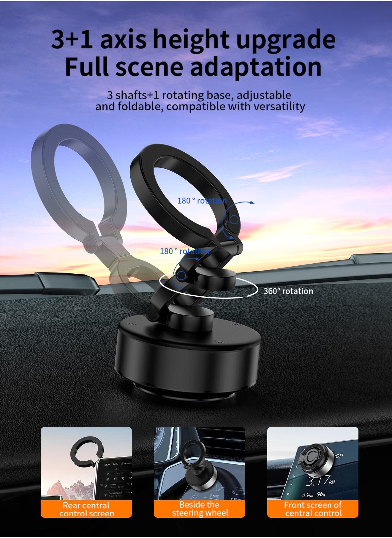 Magnetic Car Phone Mount – Vacuum Suction Foldable Dashboard Holder, Universal 4.7-7 Inch Smartphones, 360 Adjustable, Strong Magnetic Grip, Durable Aluminum Alloy