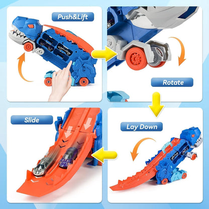LTLCLZ Toddler Truck Toys for 3 4 5 6 Years Old Boys, Toys Cars Track Set Dinosaur Transporter Truck with 8 Die-Cast Car Toys, Transforms into Dino, Toddler Car Toys Set for Kids Boys Girls (Blue)