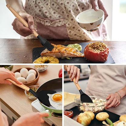 E-far Kitchen Utensils Set of 12, Silicone Cooking Utensils with Holder, Non-stick Cookware Friendly & Heat Resistant, Includes Spatula Tong Whisk Ladle Brush Slotted Turner Spoon(Black)